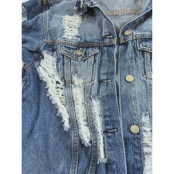 Akira Chicago Red Label Distressed Denim Jean Jacket Size Women’s Large - Picture 6 of 13